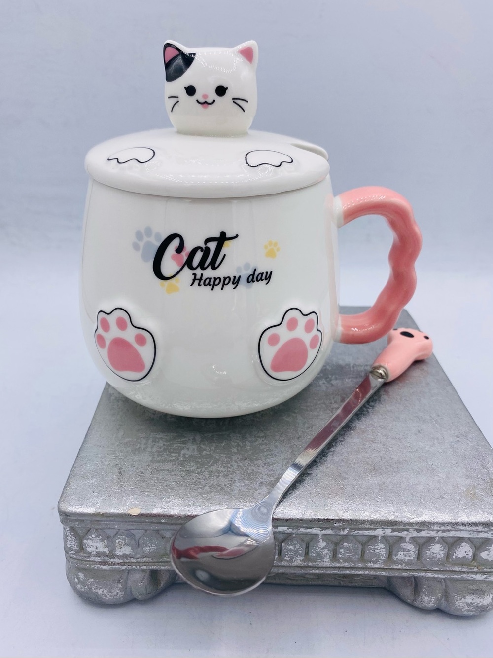 Bgbg Happy Cat Mug Set With Lid And Spoon Ceramic Mug Coffee/Tea Cat Lovers
